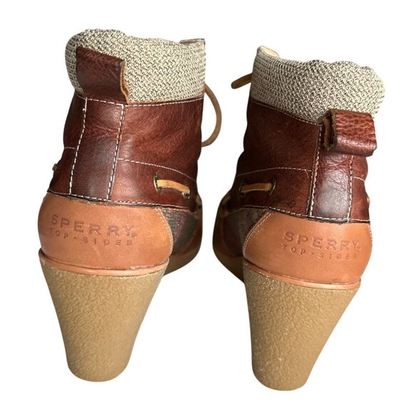 Sperry Bailey Wedge Ankle Boots Brown Leather Plaid Textile Panel Lace-Up Size 8 - Picture 5 of 8